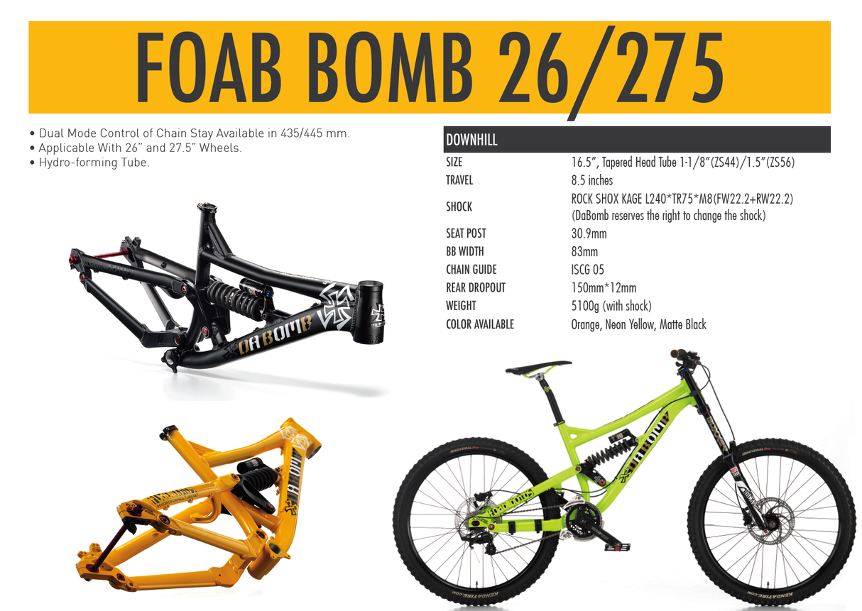 DA BOMB - FOAB BOMB 26/275 (Downhill) w/o Shocks